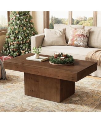 47.24" Solid Wood Coffee Table for Living Room, Mid Century Modern Rectangle Center Cocktail Table, Walnut Brown