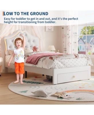 Twin Bed Frame with LED Lights, Velvet Crystal Headboard, Upholstered Kids Platform Bed with Drawer
