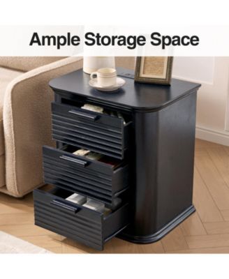 Wood 22 in. Fluted Nightstand with Charging Station and 3 Drawer Dresser, Modern End Table for Living Room, Bedroom, Home Office
