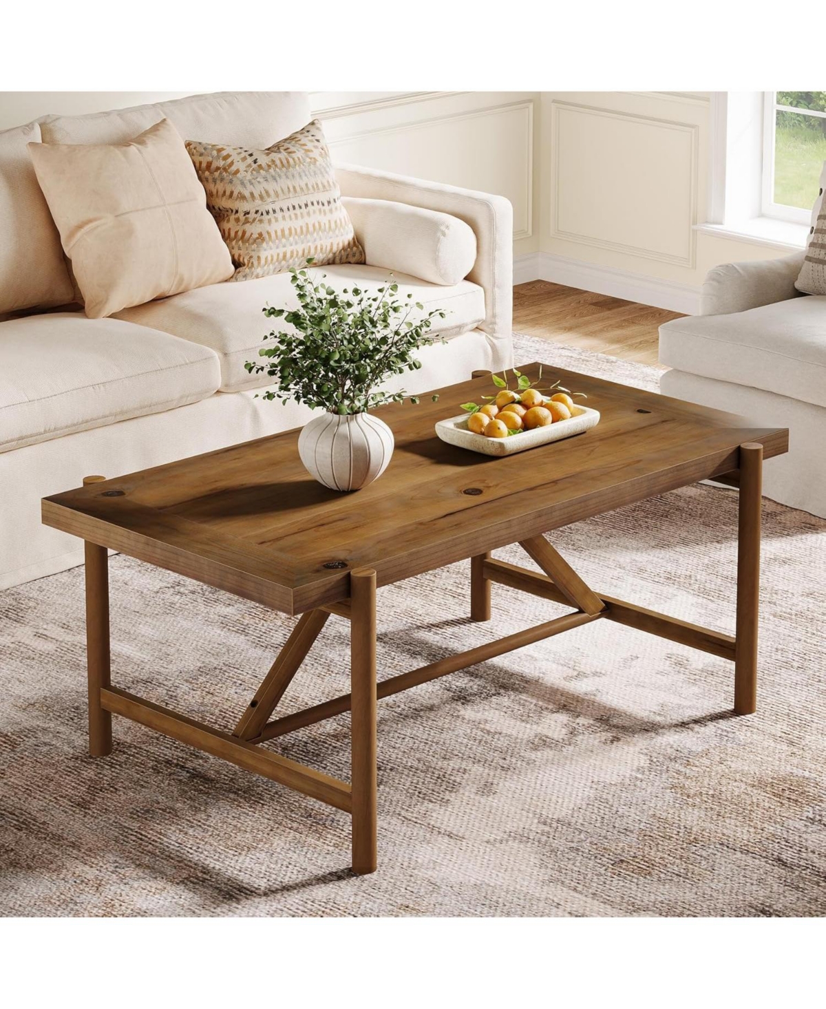 Tribesigns Farmhouse Solid Wood Coffee Table, 47-Inch Rectangular Center Tea Table, Warm Brown