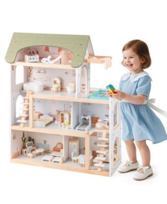 Wooden Dollhouse Playset for Kids with 33 Furniture Pieces