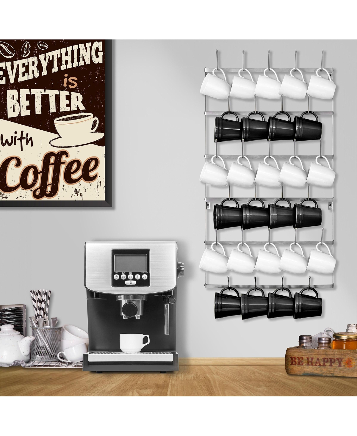 Sorbus 6-Tier Wall Mounted Metal Mug Holder Rack - Display Organizer for Coffee Mugs, Tea Cups, Mason Jars, and More - Holds 27 Mugs