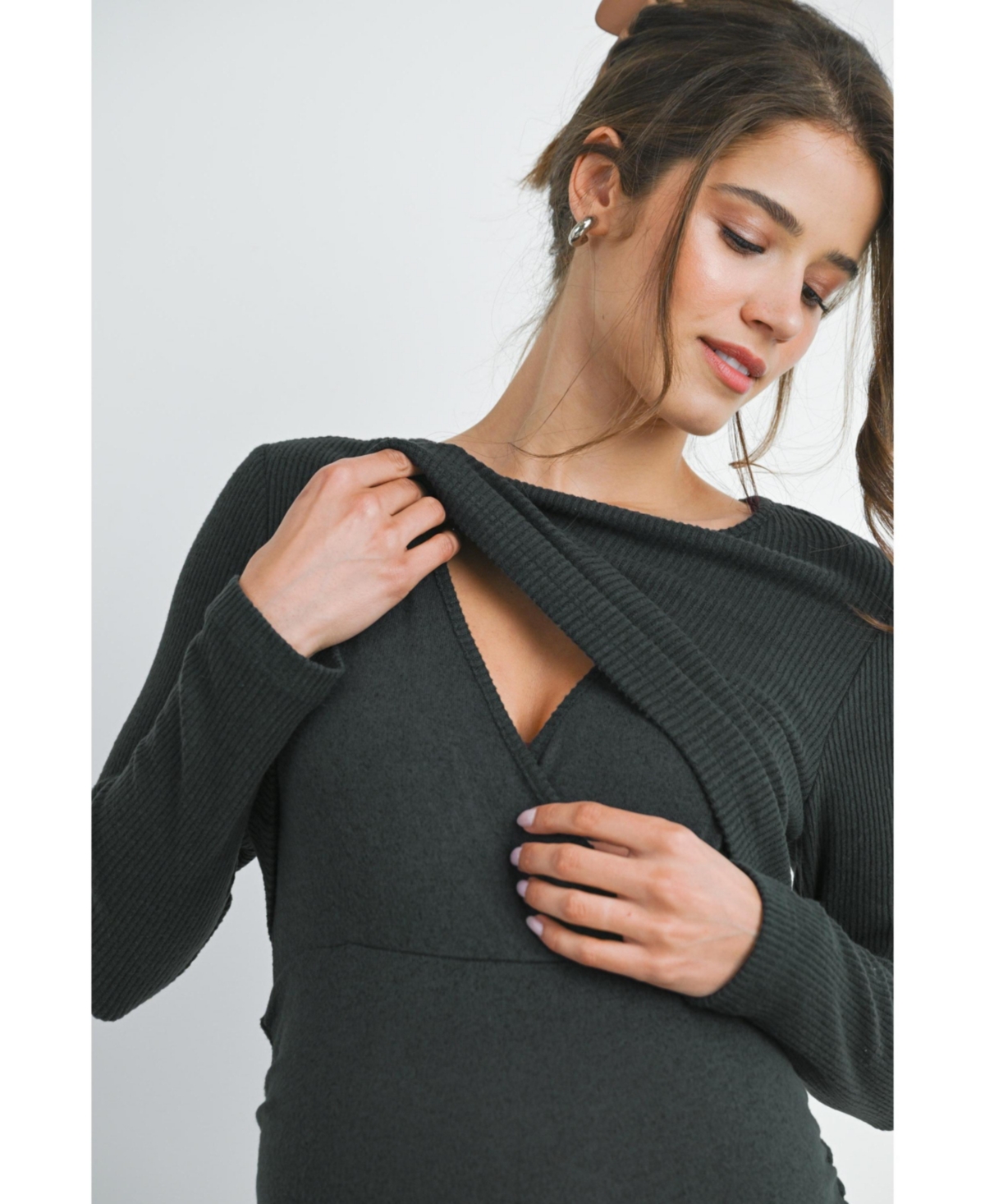 Hello Miz Maternity Long Sleeve Ribbed Side Ruched Nursing Dress