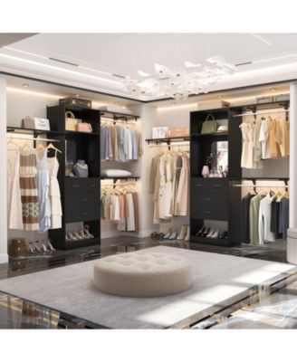 96'' Closet Organizer System with 4 Drawers & Mirror, Heavy Duty Closet System with 3 Shelving Towers & Hanging Rods