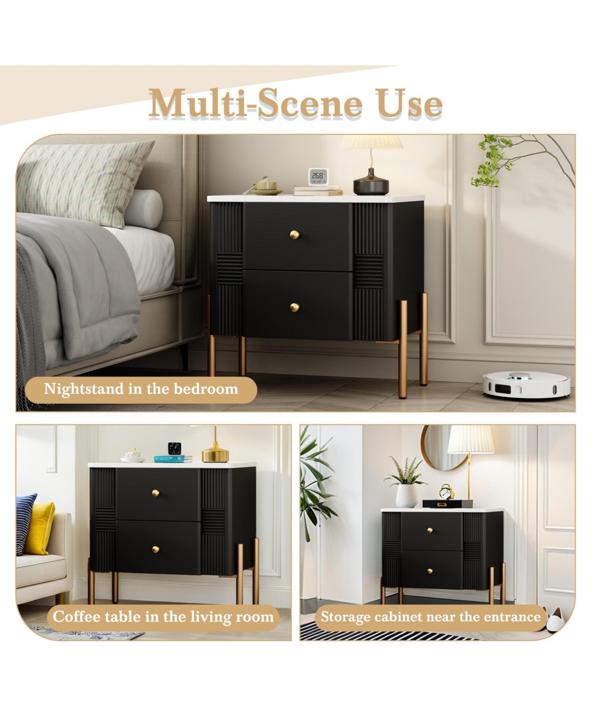 Cesicia Modern Mdf Nightstand with 2 Storage Drawer, Fluted Bedside Table Metal Handles and Legs for Living Room Bedroom, Easy Assembly