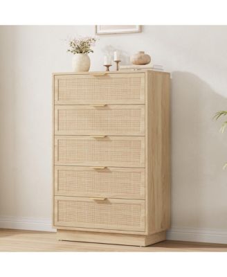 5 Drawer Rattan Dresser for Bedroom, Integrated Cabinet Body & Legs Design
