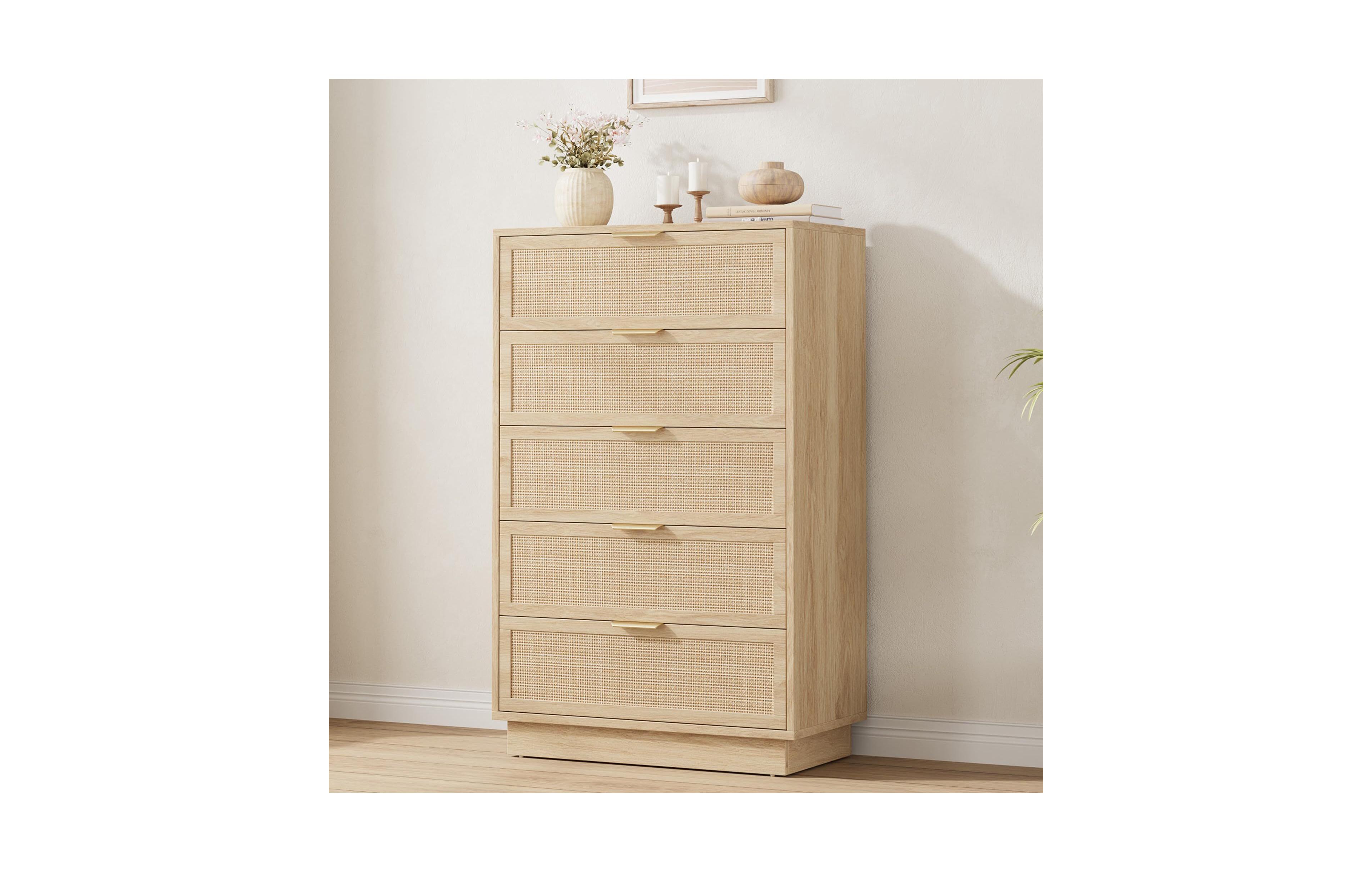 gaomon 5 Drawer Rattan Dresser for Bedroom, Integrated Cabinet Body & Legs Design