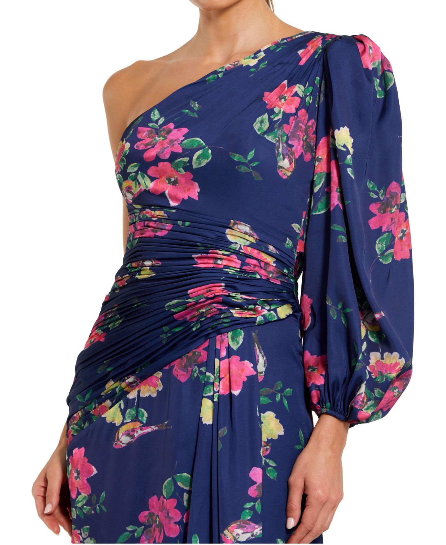 Женские платья Mac Duggal Ieena Plum Floral Print One Sleeve Gown, цвет: Тёмно-синий с принтом — фото 3