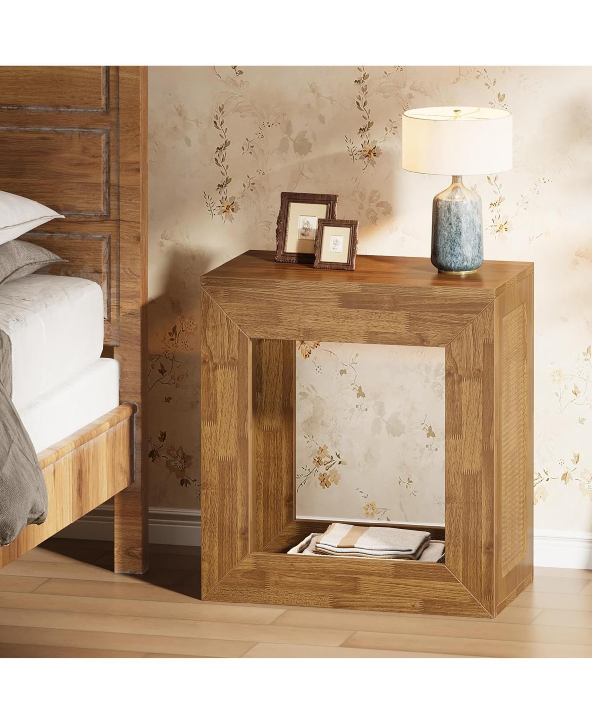 Tribesigns Rustic End Table Set of 2, 2-Tier Wooden Side Table with Sturdy Base, Farmhouse Narrow Nightstand with Storage Shelf