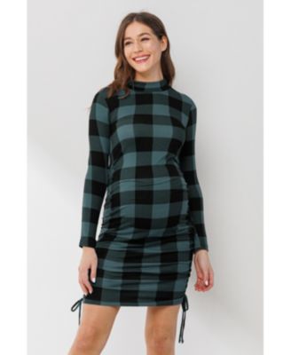Maternity Bodycon Plaid Side Ruched Long Sleeve Dress