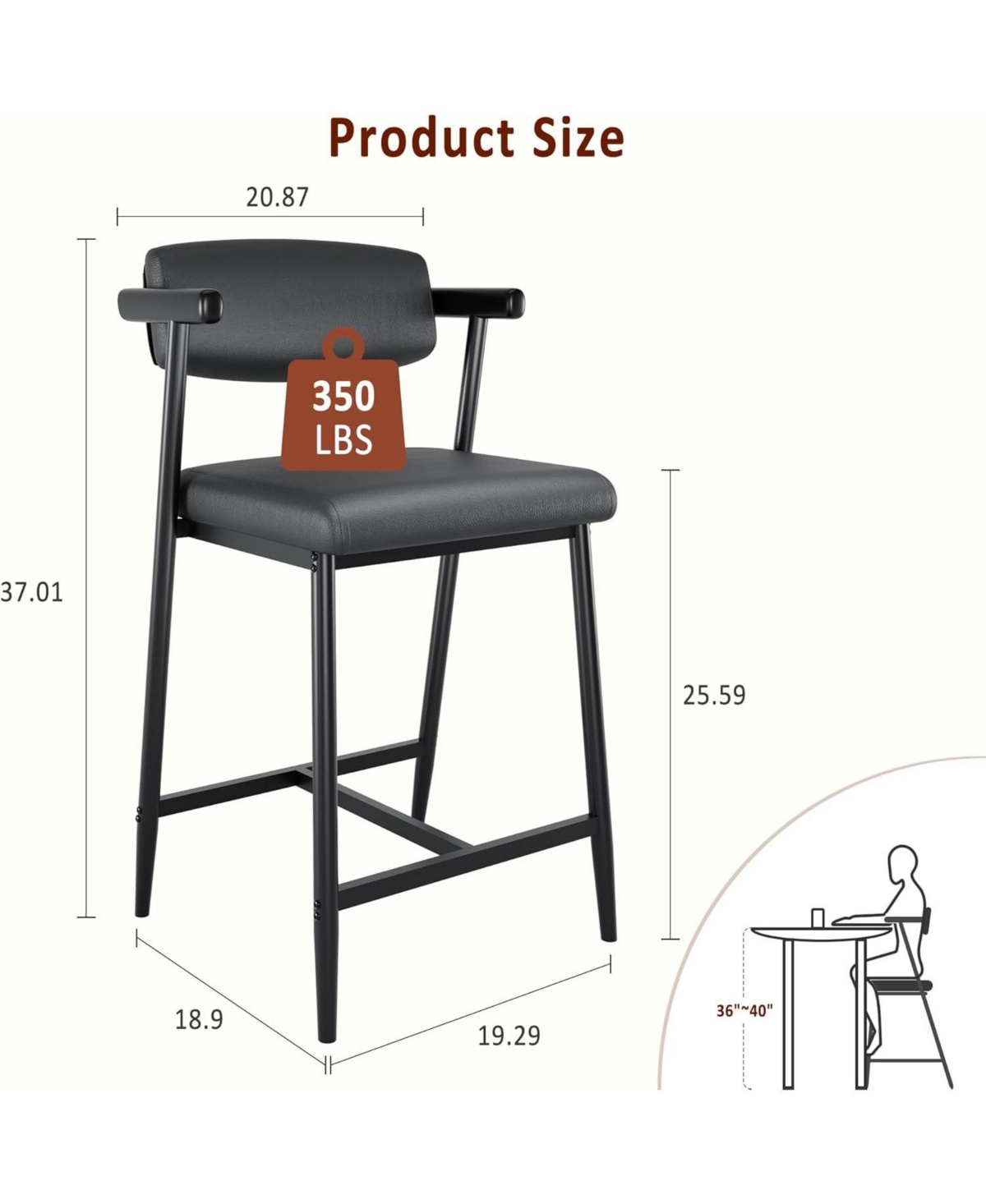gaomon Bar Stools Set of 2, 26.5 in Upholstered Counter Height Bar Stools for 2 with Armrest, Wider Thickened Cushion, Bar Chairs with Backrest, Black