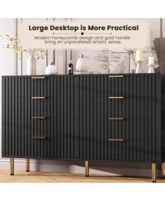 8-Drawer Modern Fluted Black Dresser, 55 Inch Wide Chest, Deep Drawers, Wooden Organizer for Bedroom, Living Room, Kids Room
