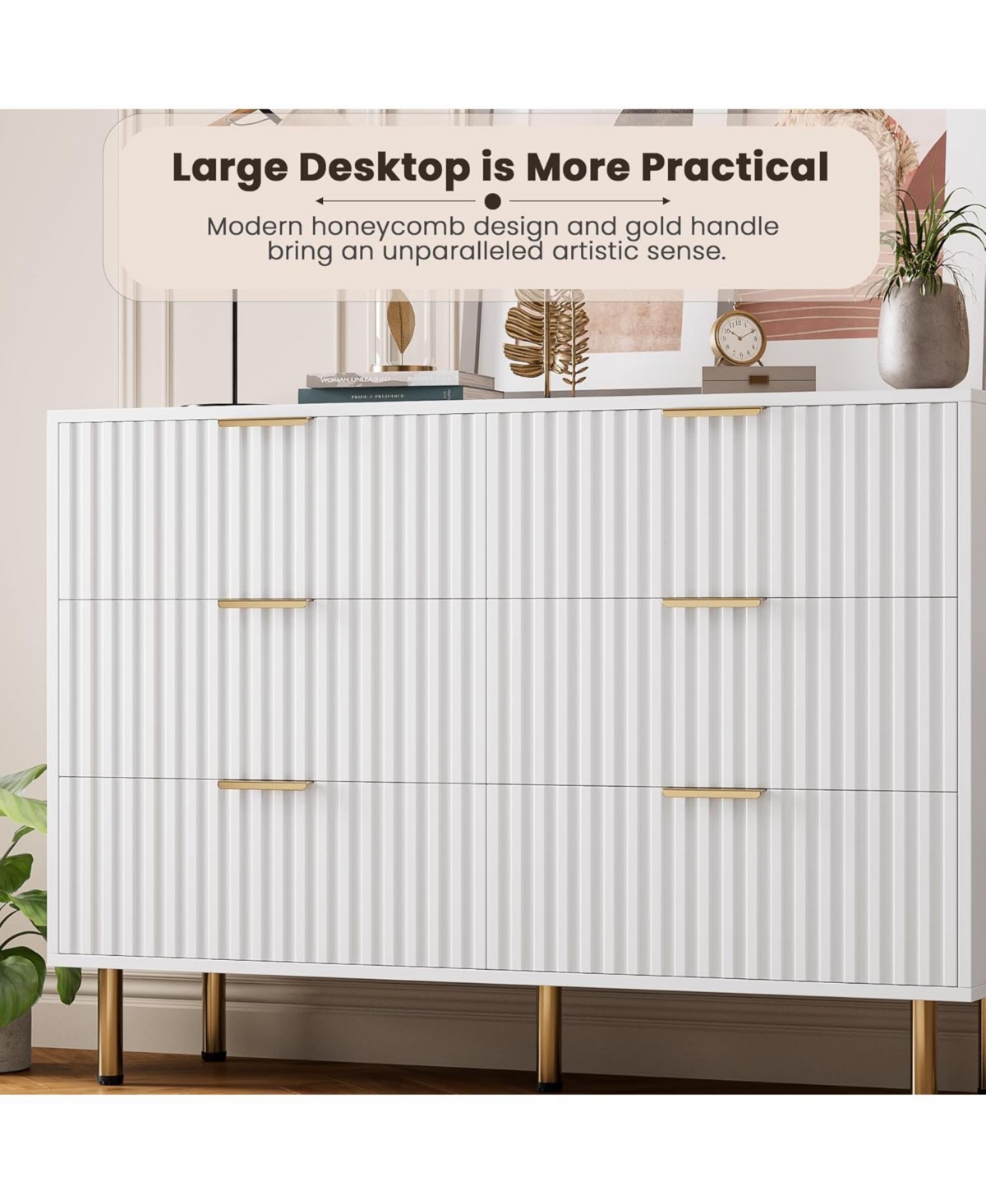 gaomon 6-Drawer Modern Fluted White Dresser, 47.2 Inch Wide Chest, Deep Drawers, Tv Stand, Organizer for Bedroom, Living Room, Kids Room