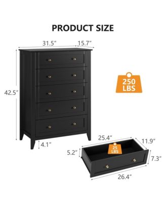 White 5 Drawer Modern Tall Nightstand, Deep Drawers, Nickel Round Handle, Chest Organizer for Bedroom