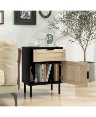 Rattan Nightstand Set of 2 with Drawer and Cabinet