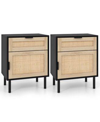 Rattan Nightstand Set of 2 with Drawer and Cabinet