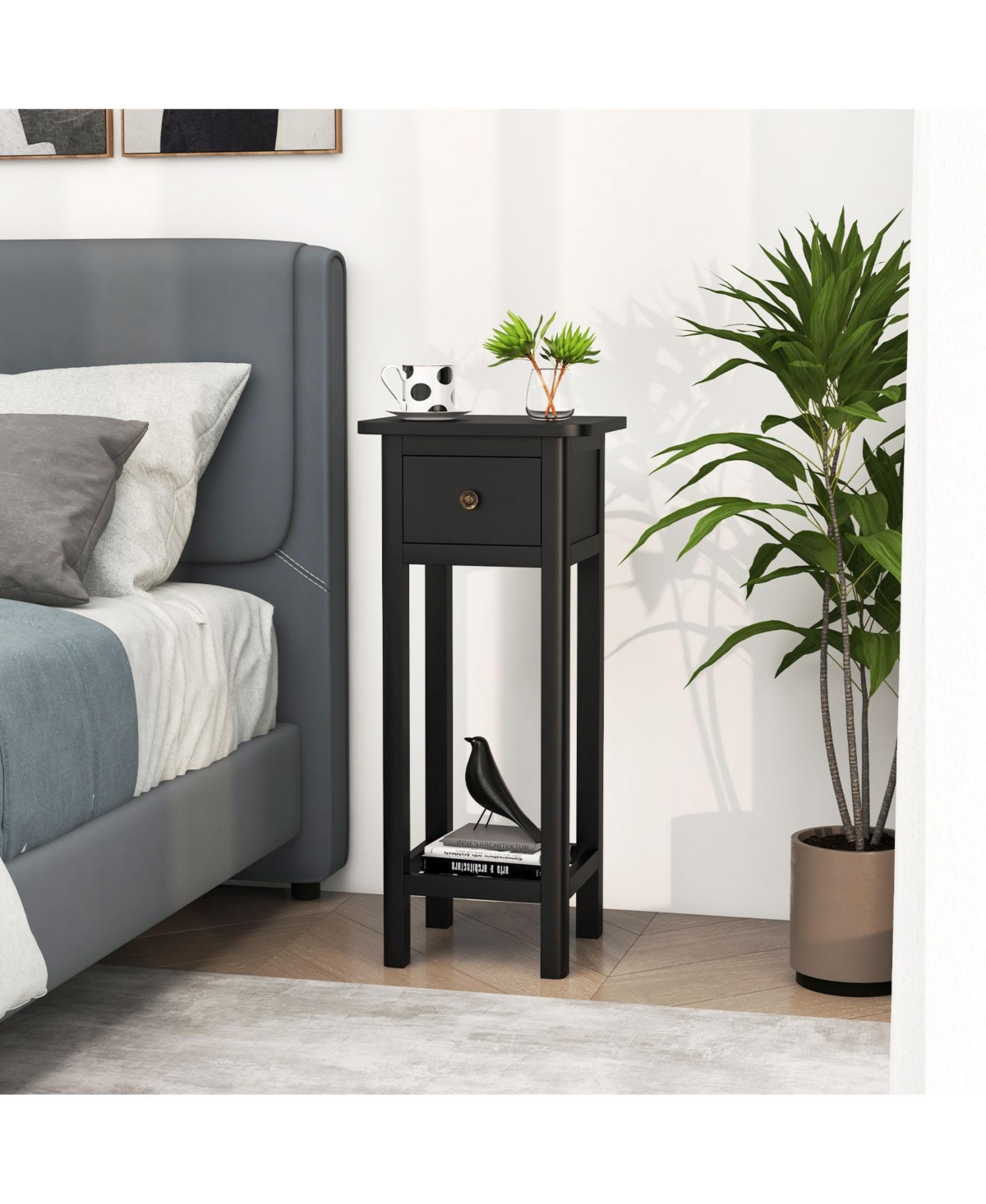 sumyeg 2 Tier Slim Nightstand Bedside Table with Drawer Shelf