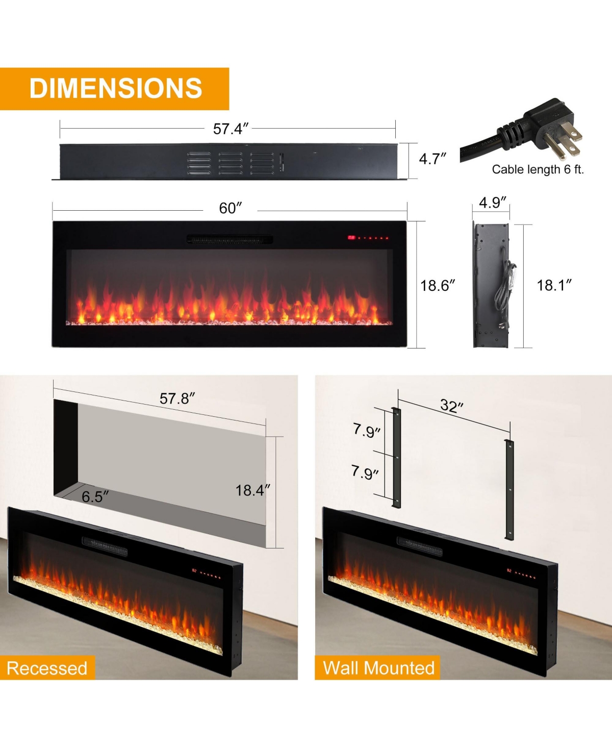 Clihome Smart 60" WiFi-Enabled Electric Fireplace Heater, Recessed in-Wall and Wall-Mounted