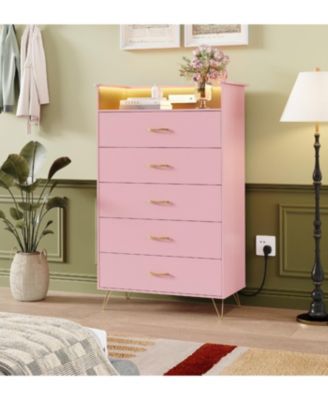 5 Drawer Wooden Dressers for Bedroom with LED Lights & Charging Station