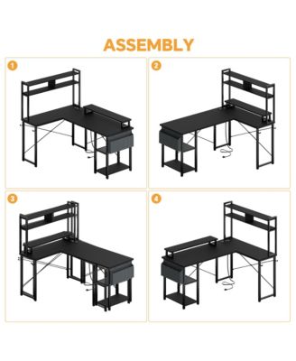 49'' Small L Shaped Desk with Hutch, Reversible Computer Gaming Desk with Outlet and LED Strip