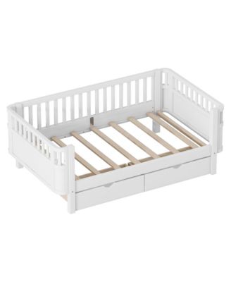 Twin Size Wood Platform Bed for Kids with Low Profile, Safety Rails & 2 Wheeled Storage Drawers
