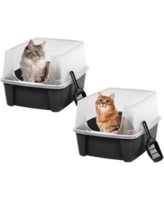 USA 2 Pack Large Cat Litter Boxes with Scatter Shield and Scoop, Open Top High Sided Cat Litter Pan, Black