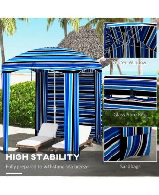 5.9ft x 5.9ft Portable Beach Umbrella Ruffled Outdoor Cabana with Walls Vents Sandbags Blue Stripe