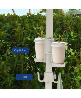 5.7ft Portable Beach Umbrella with Tilt Adjustable Height 2 Cup Holders Hooks UV 40 Plus Blue White Stripe