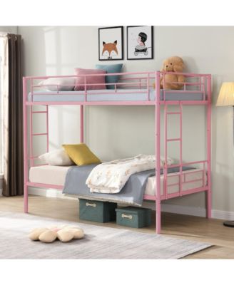 Metal Bunk Bed Pink Twin Over Twin, No Box Spring Needed, Easy Assemble with Safe Stairs