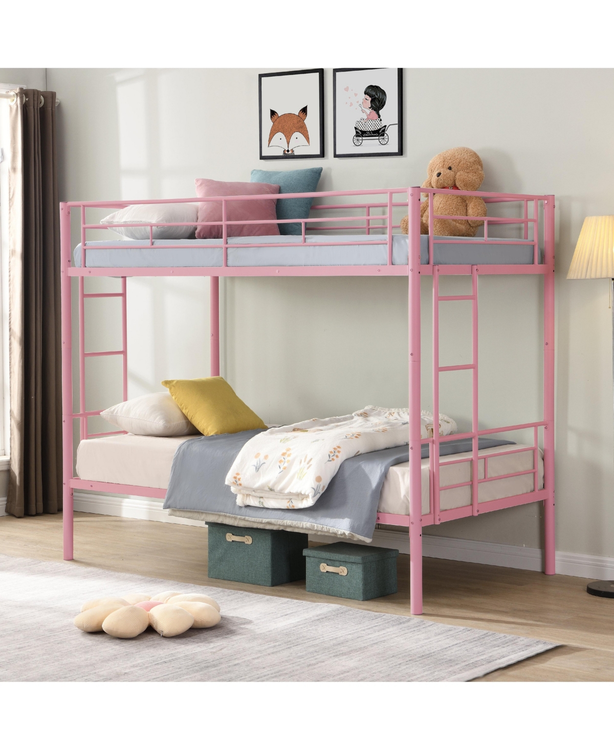 Boyel Living Metal Bunk Bed Pink Twin Over Twin, No Box Spring Needed, Easy Assemble with Safe Stairs