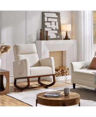 Fabric Upholstered High Back Rocking Chair with Solid Wood Legs, Side Pockets
