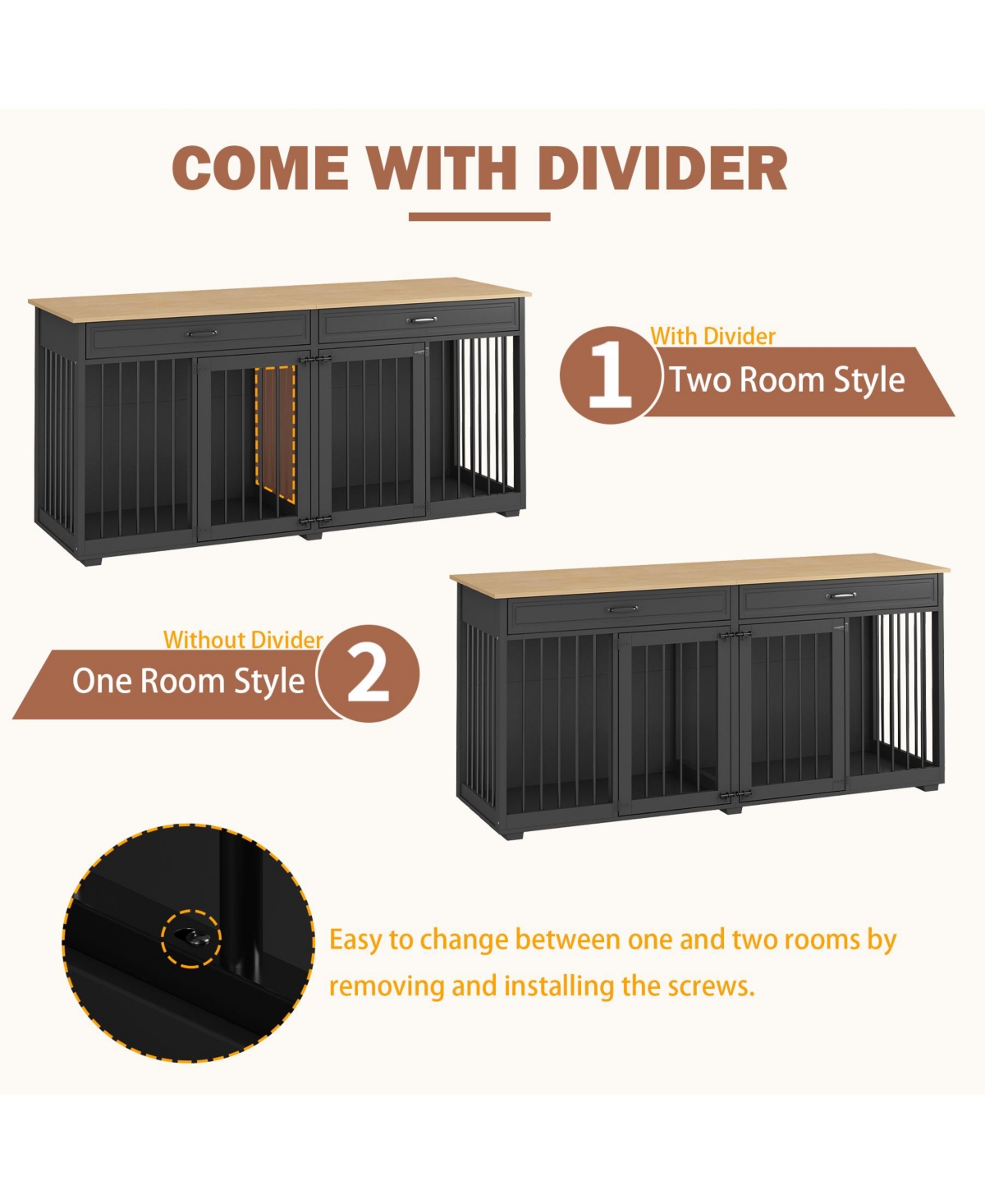 Homsee Dog Crate, Large Wooden Dog House with 2 Drawers, Dog Cage for Large Medium Dogs