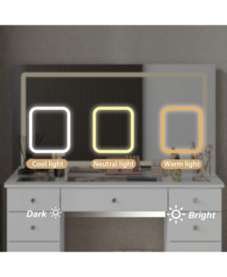 11-Drawer Vanity with 3 Color LED Mirror, Tempered Glass Countertop,Crystal Handle, Makeup Table,Chest