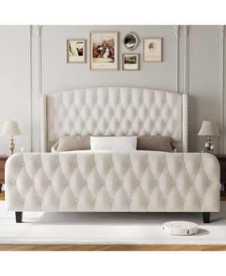 Bed Frame with Deep Button Tufted Wingback Headboard and Footboard, Velvet Upholstered Platform Frame, No Box Spring, Easy Assembly