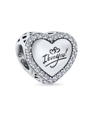 Set of 2 Words "I LOVE YOU" Crystal Accent Edge Love Heart Shape & Clear CZ Flower Shape Charm Bead Oxidized .925 Sterling Silver