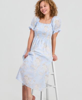 Juniors' Textured Floral Printed Puff-Sleeve Midi Dress