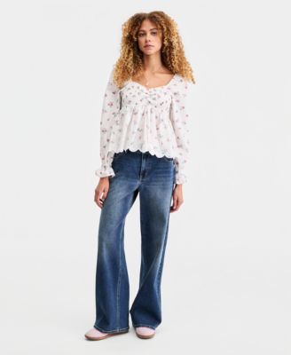 Juniors' Printed Cotton Long-Sleeve Babydoll Top