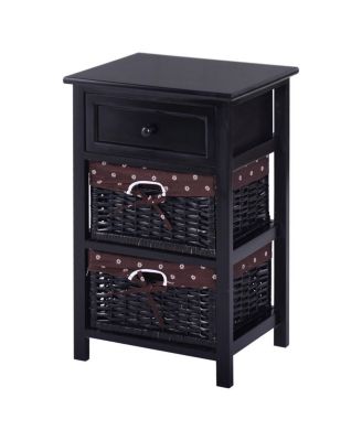 3 Tiers Wooden Storage Nightstand with 2 Baskets and 1 Drawer