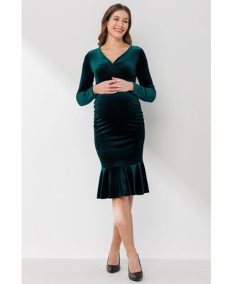 Maternity Velvet V Neck Long Sleeve Ruched Dress