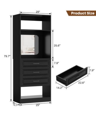 MDF, Metal, Glass Freestanding Closet System with 3 Drawers, 25'' Closet Drawer Organizer with Mirror and Storage Shelves