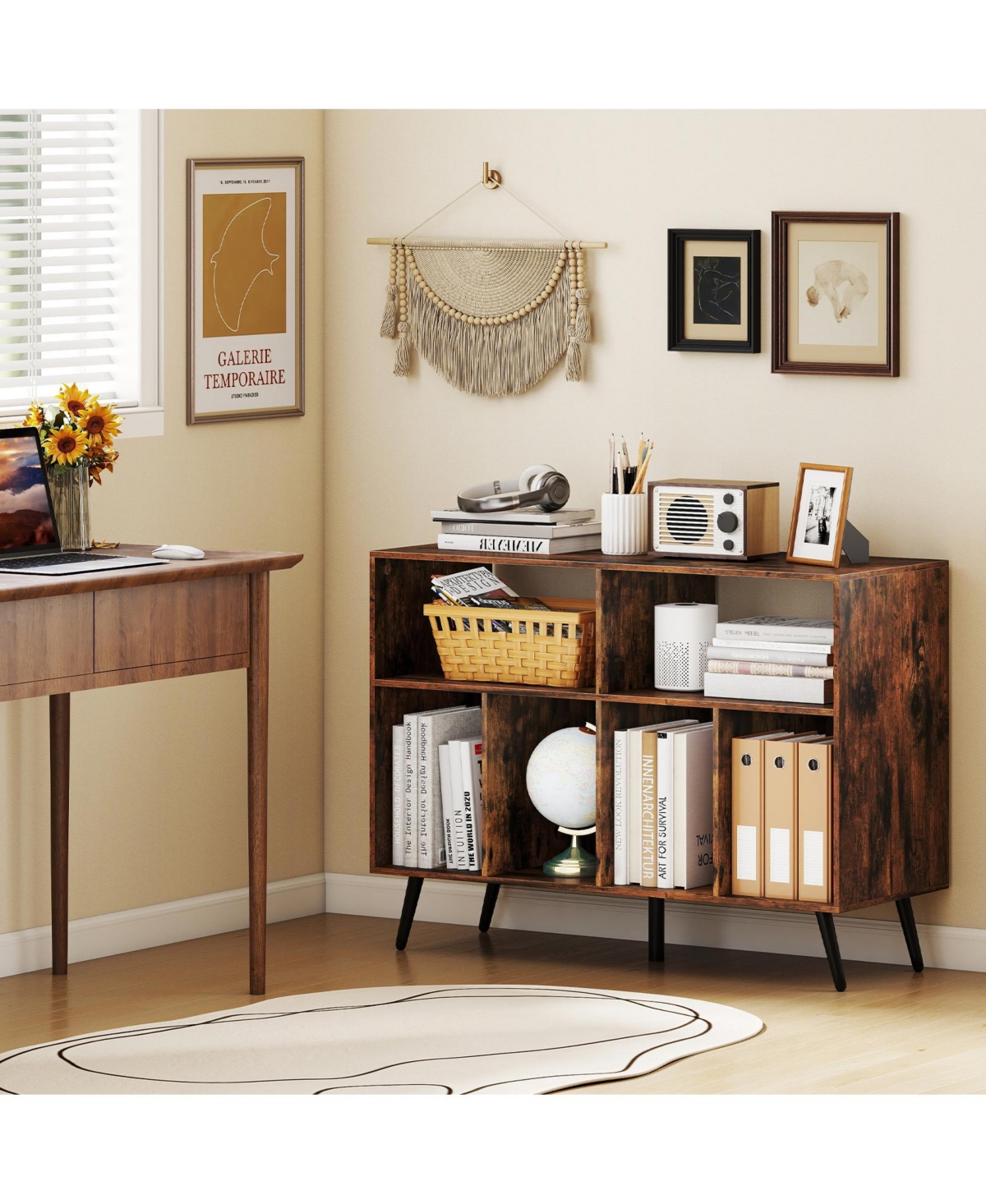 sumyeg Record Player Stand with Charging Station and Open Shelves