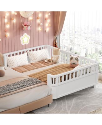 Full Size Wood Platform Bed for Kids with Low Profile and Safety Rails, White (Patented Design)