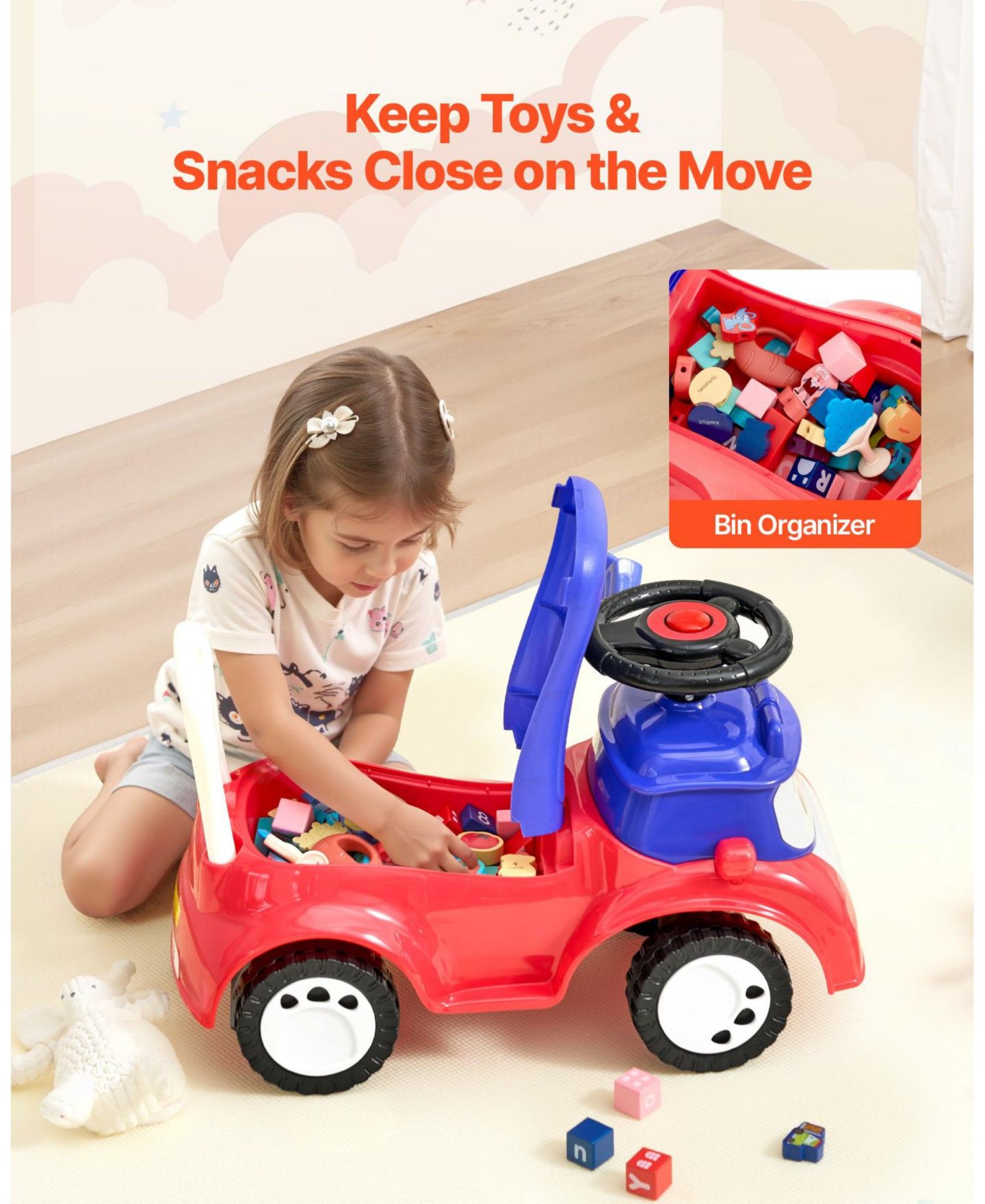 Детская игрушка HONGGE Toddler Ride-On Car with Anti-Tip Design, Light-Up Steering Wheel & Storage, Ages 18 Months-3 Years, цвет: Красный — фото 10