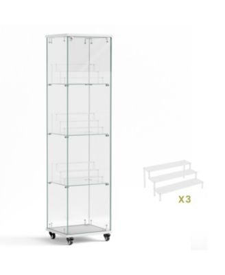 4 Tier Glass Display Cabinet with Lock, Wheels, and Acrylic Shelves
