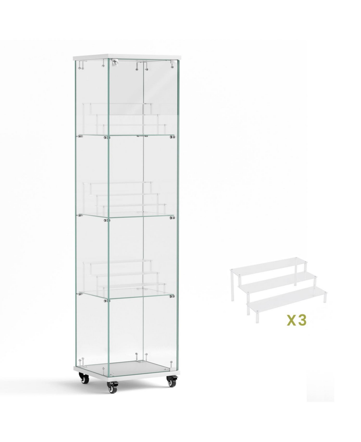 Streamdale Furniture 4 Tier Glass Display Cabinet with Lock, Wheels, and Acrylic Shelves
