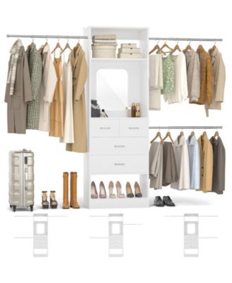 48 - 96 Inch Wide Adjustable Closet Organizer with 4 Drawers, 3 Hanging Rods, and a Mirror, Freestanding