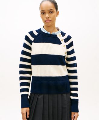 Women's Gold-Tone Button Utility Crew Neck Sweater