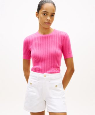 Women's Pointelle Ribbed Short-Sleeve Sweater