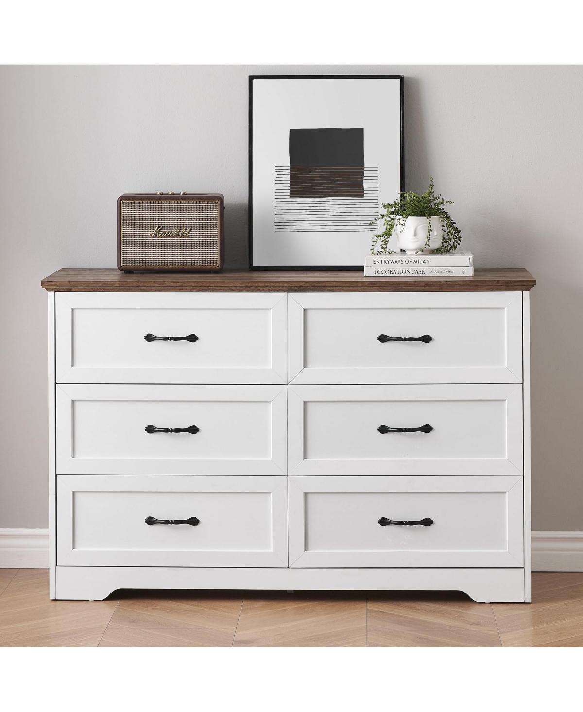 gaomon 6 Drawer White and Brown Modern Dresser, Chest of Drawers Organizers, Closet Storage Cabinet for Bedroom