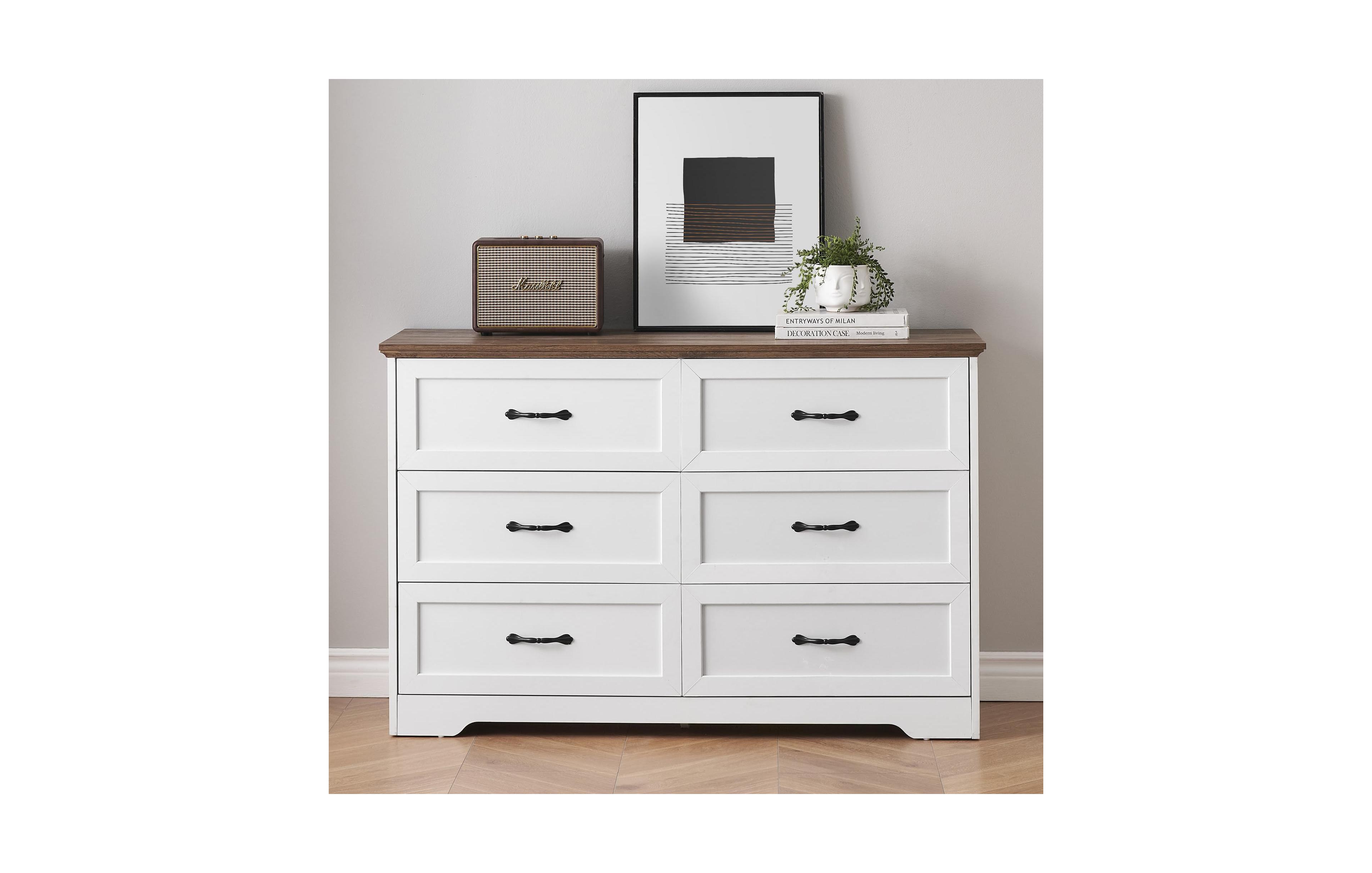 gaomon 6 Drawer White and Brown Modern Dresser, Chest of Drawers Organizers, Closet Storage Cabinet for Bedroom